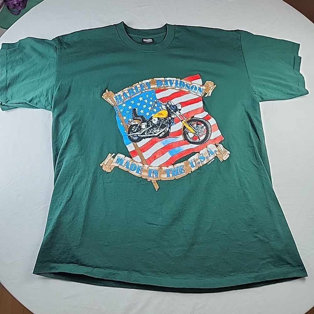 VTG Harley Davidson Shirt Green XL Single Stitch 1990s Graphic Tee Made in USA